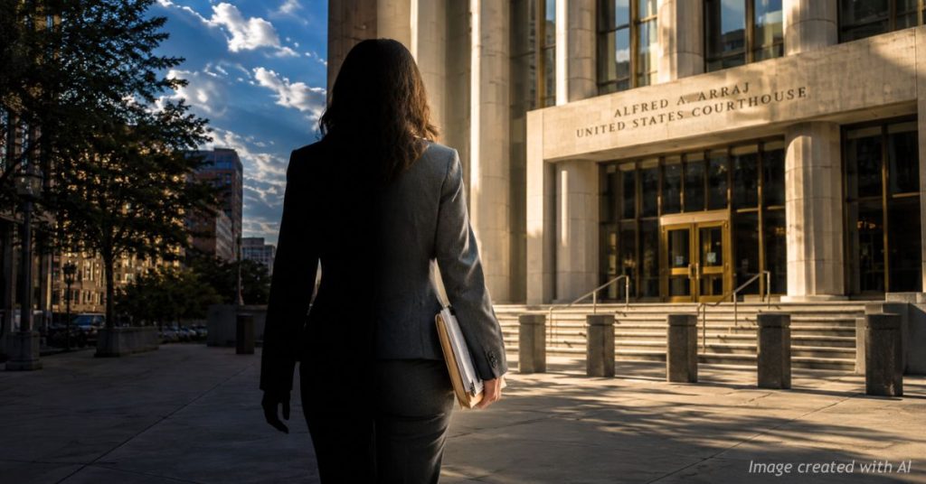 Silhouetted former attorney outside Denver federal courthouse symbolizing court rejection of anonymous lawsuit.