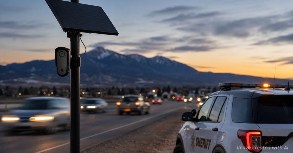 Roadside license plate reader overlooking Colorado traffic as a sheriff patrol vehicle waits nearby.