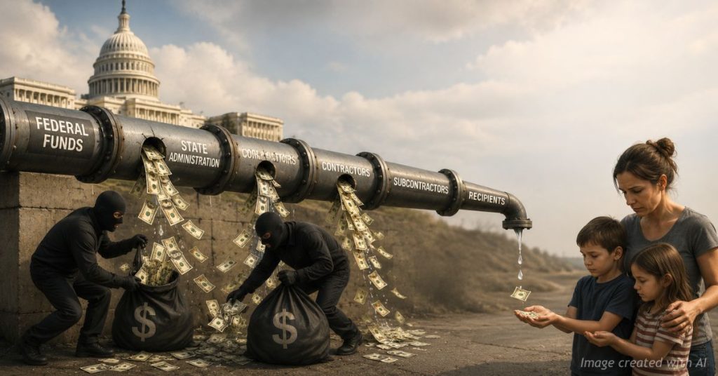 Masked thieves collect taxpayer dollars leaking from a pipeline representing federal funds before only a small amount reaches a waiting family.