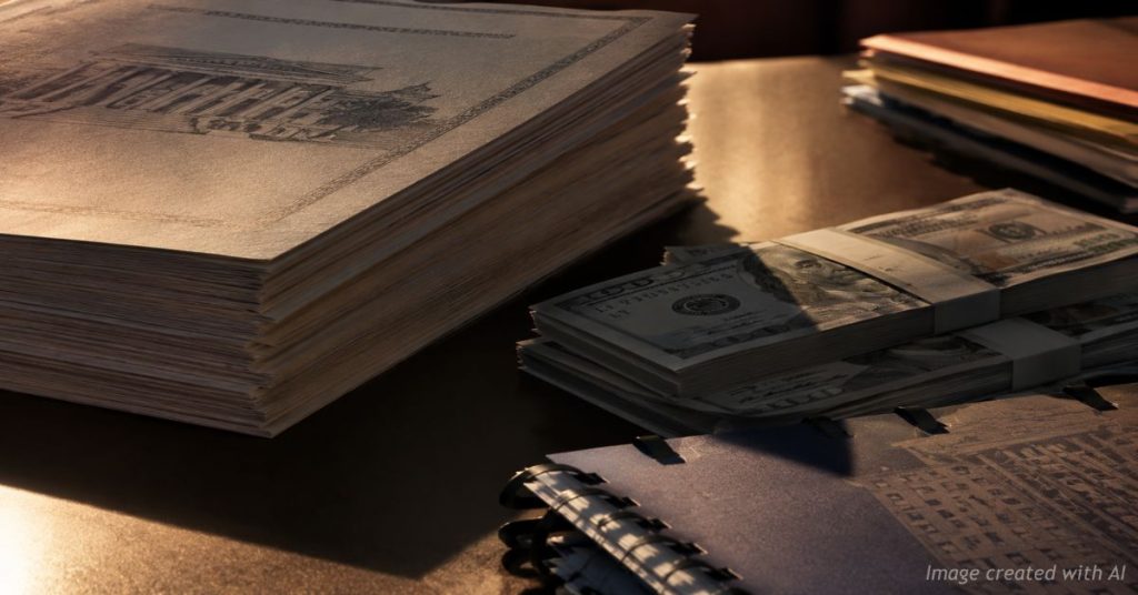 Municipal bond papers cast a shadow over taxpayer dollars, symbolizing long-term government debt.