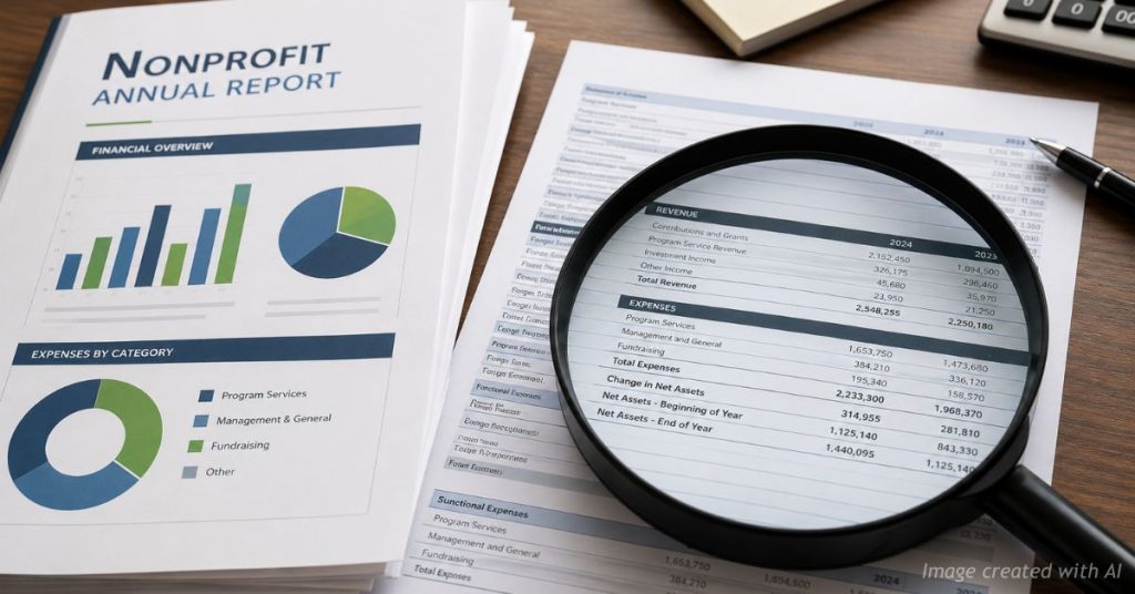 Magnifying glass over nonprofit financial documents representing public transparency.