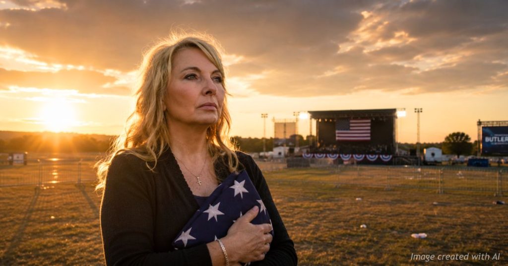 Helen Comperatore stands at the Butler rally site holding a folded American flag at sunset.
