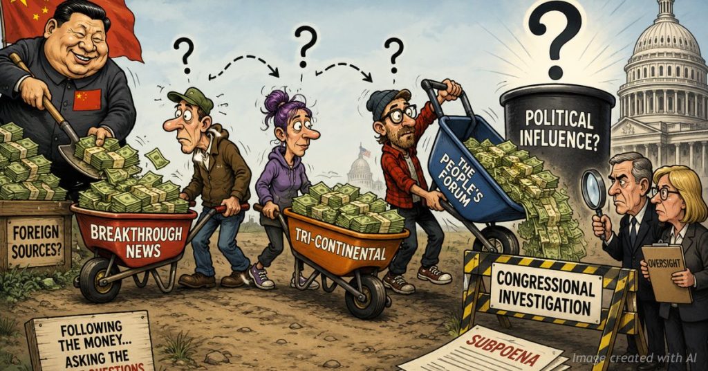 Editorial cartoon depicting alleged foreign funding under congressional investigation involving three subpoenaed nonprofits.