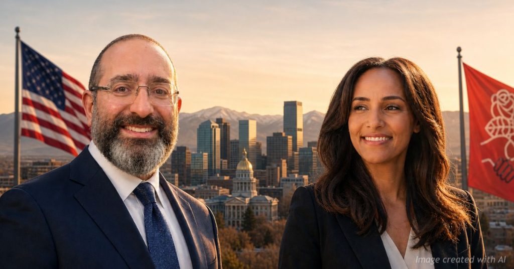 Editorial illustration of Colorado's First Congressional District race between Shimon Blau and Melat Kiros.