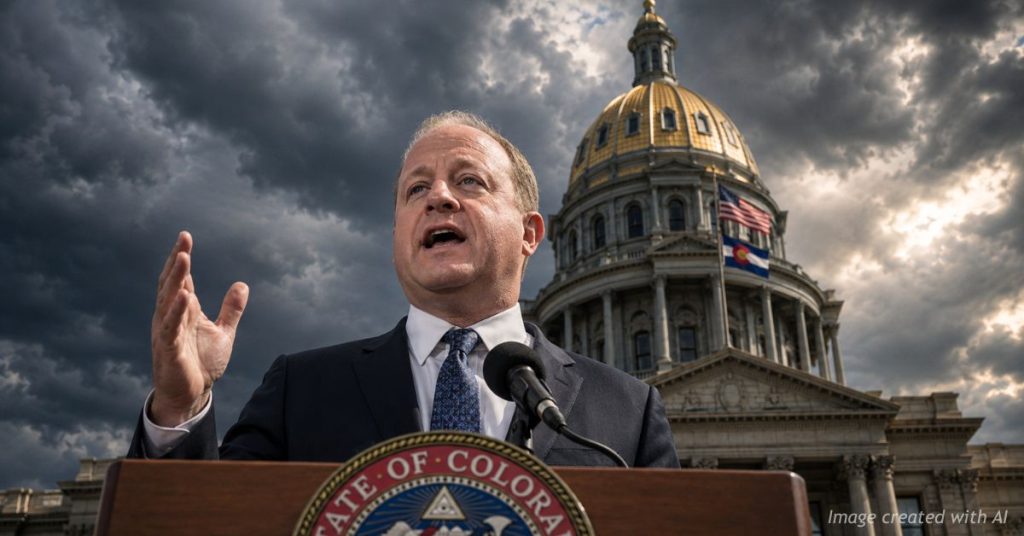 Governor Jared Polis speaks at a podium before the Colorado Capitol beneath dramatic storm clouds.