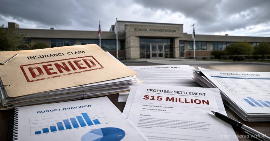 Insurance claim marked denied beside Jeffco school documents and potential $15 million settlement.