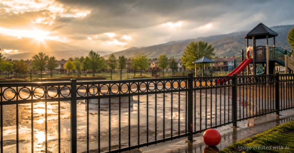 Empty Colorado school playground behind a security fence symbolizing child protection.