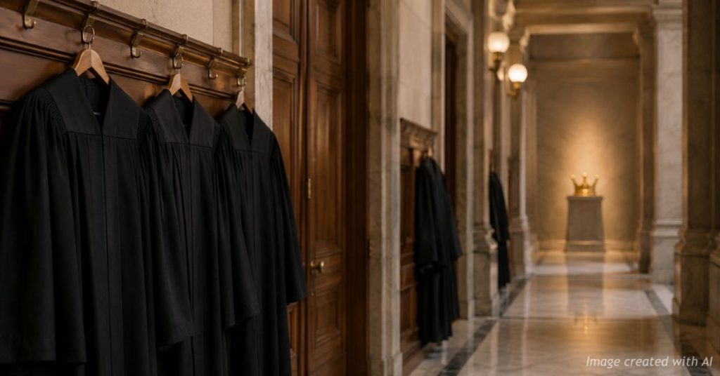 Judicial robes facing a distant crown symbolize the balance between judicial independence and judicial supremacy.