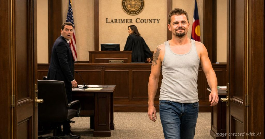 Illustration depicts a fugitive leaving a Larimer County courtroom as a prosecutor looks on in shock after a PR bond ruling.