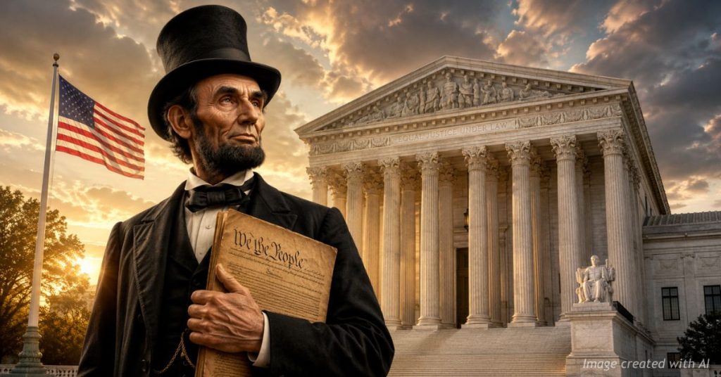 Abraham Lincoln holding the Constitution before the U.S. Supreme Court at sunrise.