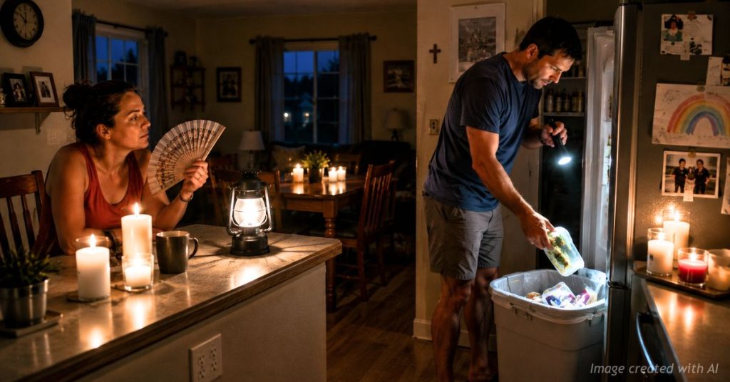 Couple copes with a Littleton power outage as spoiled food is discarded and candlelight replaces electricity.