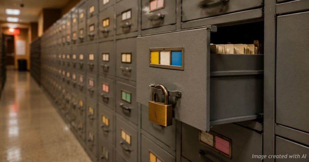 A locked filing cabinet symbolizes the difficulty of removing outdated voter registrations.
