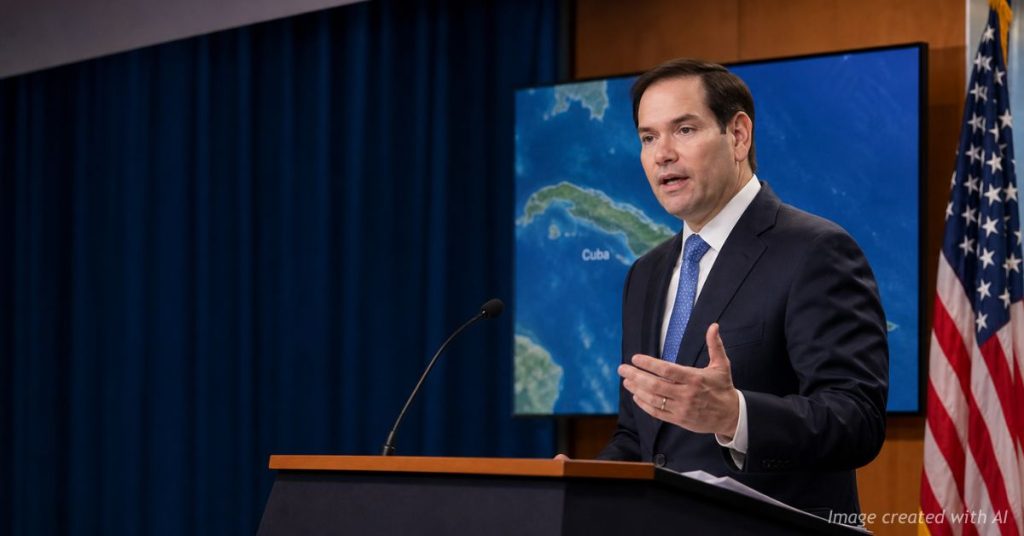 Secretary of State Marco Rubio speaks at a podium as a map of Cuba is displayed on a monitor behind him.