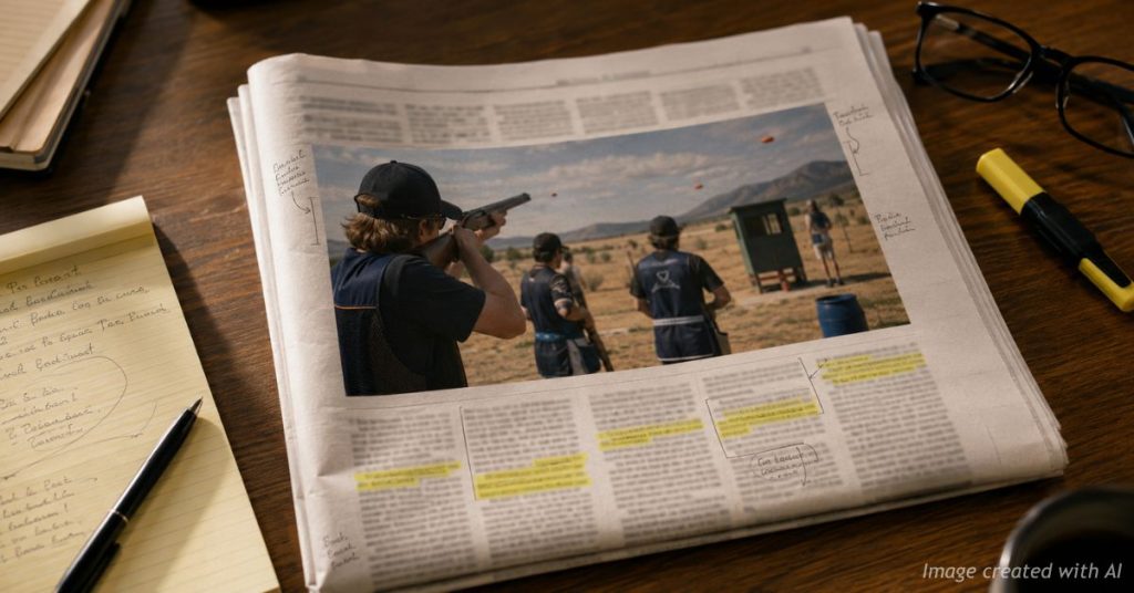 Newspaper with highlighted passages symbolizes scrutiny of reporting and editorial framing.