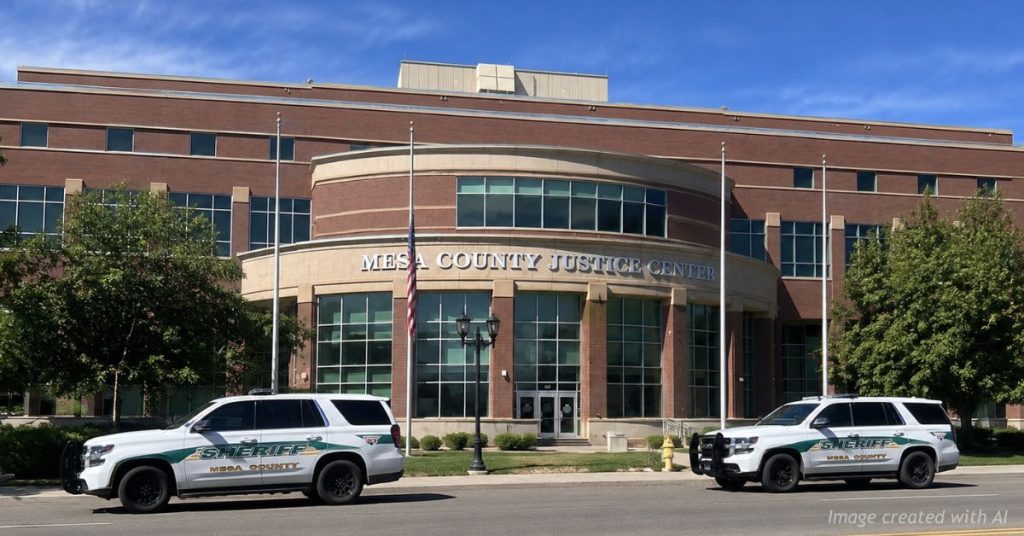 Mesa County Justice Center with sheriff patrol vehicles parked outside following federal ruling on Colorado immigration law.