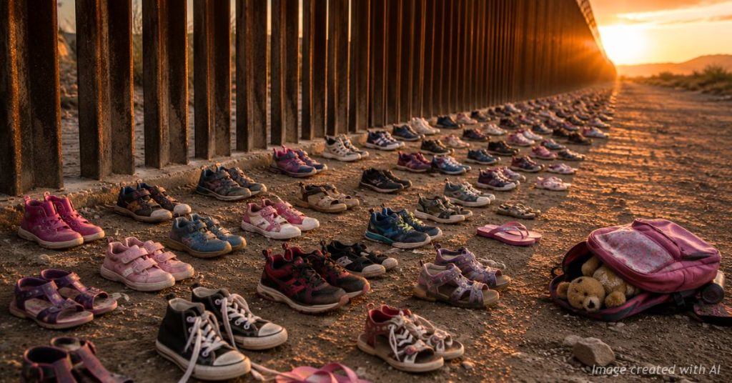 Children's shoes lined beside a border fence symbolizing missing migrant children.