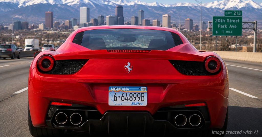 Luxury Ferrari with a Montana license plate driving toward downtown Denver on Interstate 25.