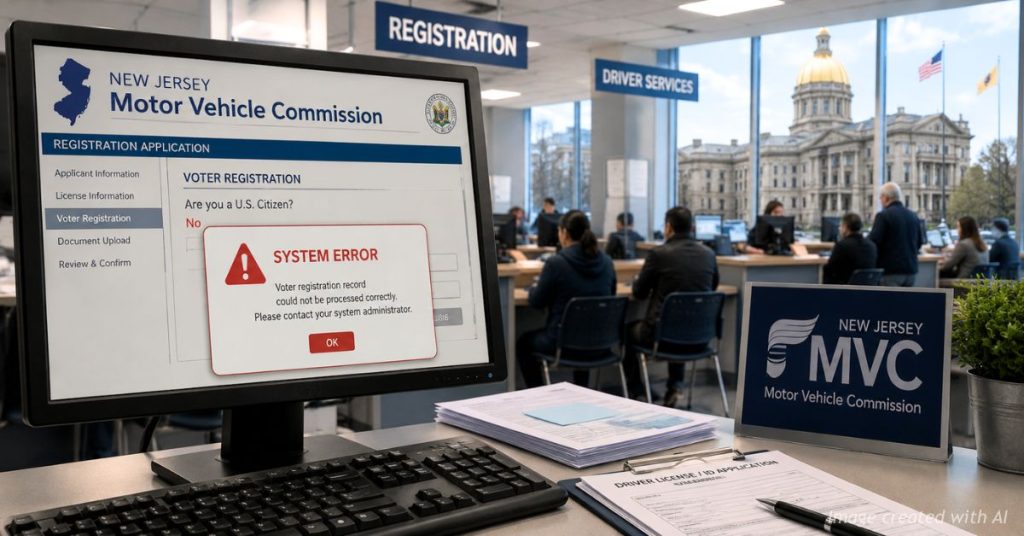 New Jersey MVC office with computer displaying software error related to voter registration.