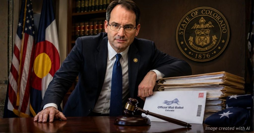 Colorado Attorney General Phil Weiser leans beside legal files and a mail ballot during the USPS election rule dispute.