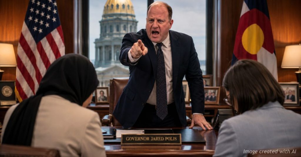 Colorado Gov. Jared Polis angrily confronts two dismissed clemency board members in a symbolic editorial illustration.