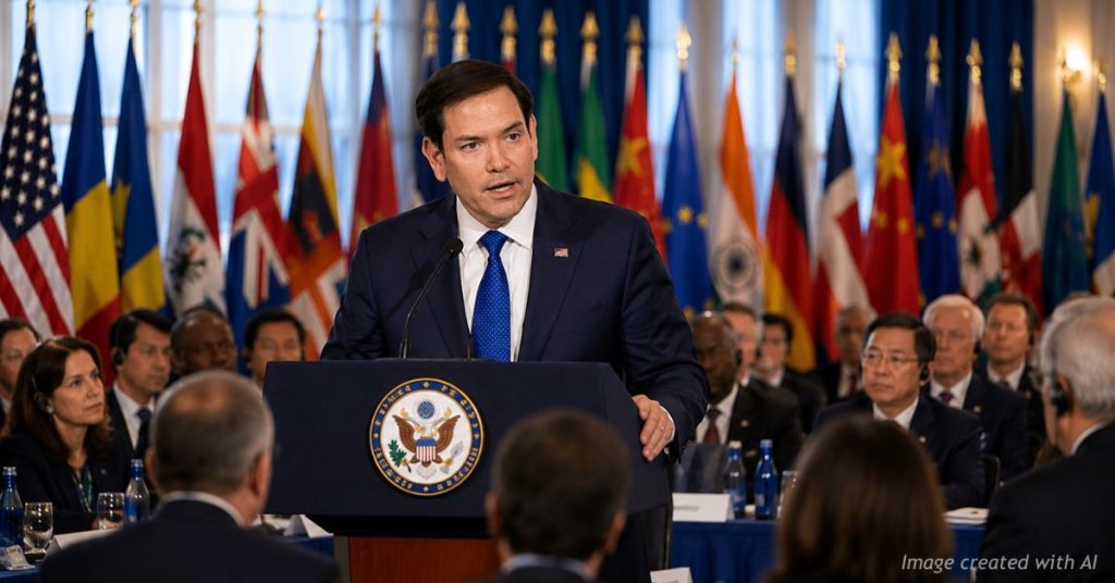 Secretary Marco Rubio addresses an international counterterrorism summit attended by representatives from more than 60 nations.