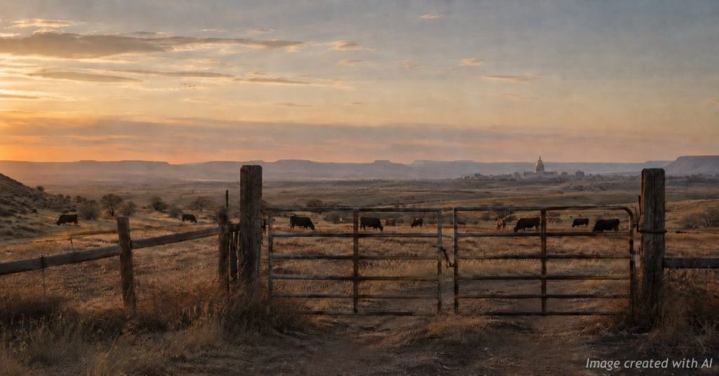 Ranch gate overlooking open Colorado pasture with a distant government skyline, symbolizing rural communities and political distance.