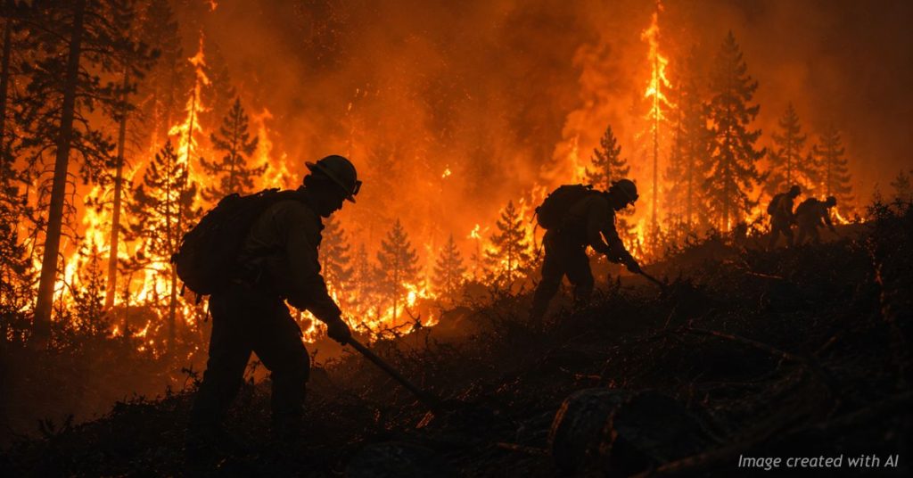 Wildland firefighters cut a fire line as intense flames burn behind them during the Aspen Acres fire near Rye, Colorado.