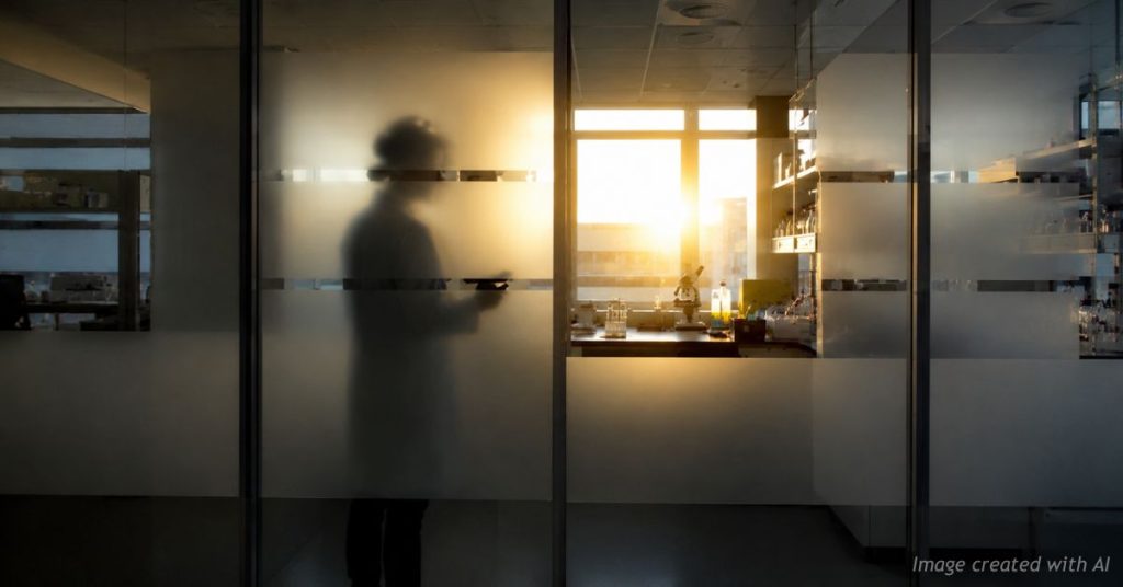 Sunlight breaking through frosted laboratory glass symbolizes transparency rebuilding public trust.