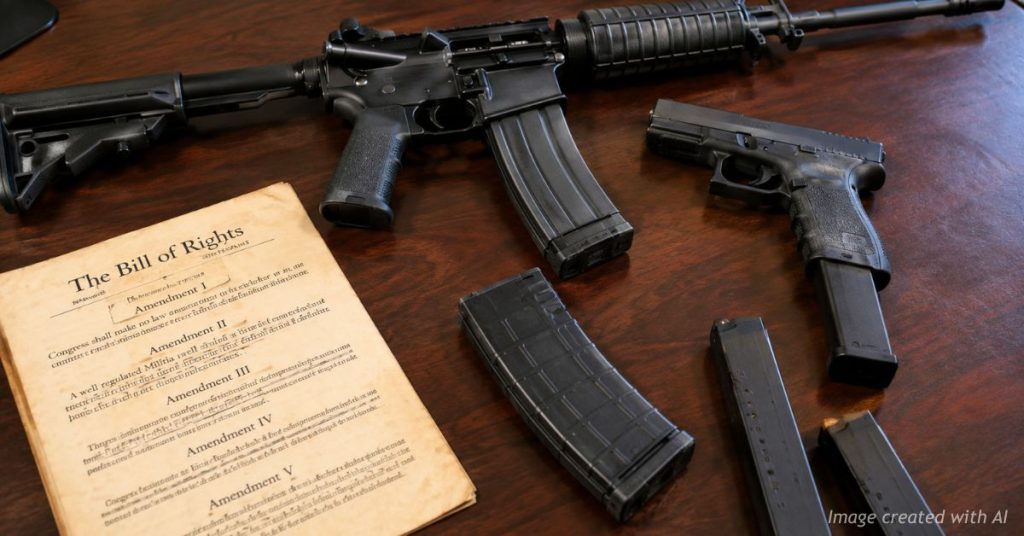 AR-style rifle, Glock-style handgun, magazines and a copy of the Bill of Rights displayed on a desk.