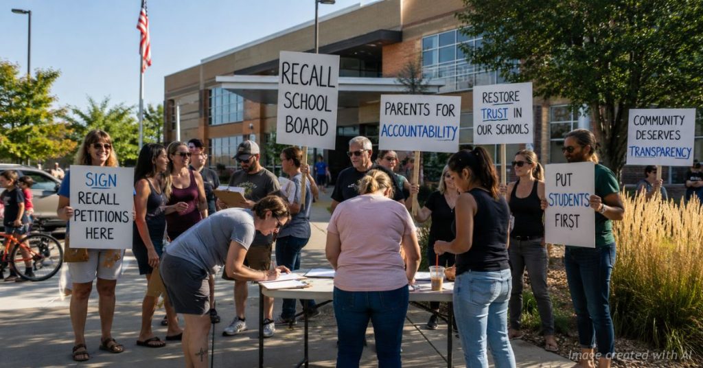 Parents gather outside Sheridan School District offices to sign recall petitions targeting the school board.
