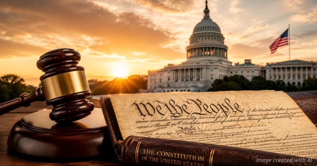 Judge's gavel and the U.S. Constitution with the Capitol in the background after a Supreme Court campaign finance ruling.
