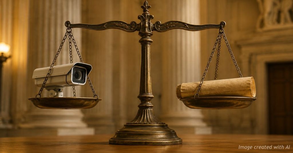 Justice scales balancing surveillance technology and constitutional liberty.