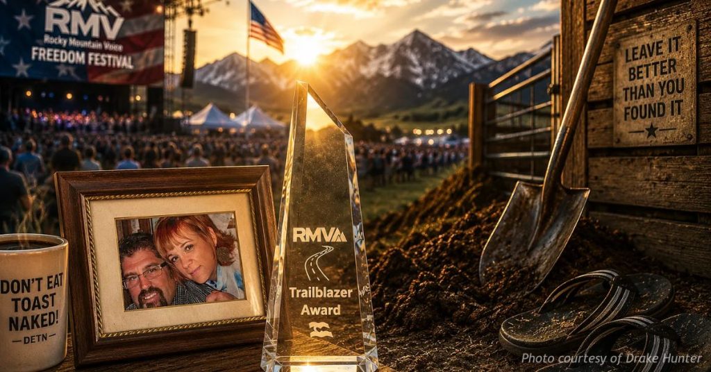 Trailblazer Award displayed beside a family photo and shovel at Rocky Mountain Voice Freedom Festival.