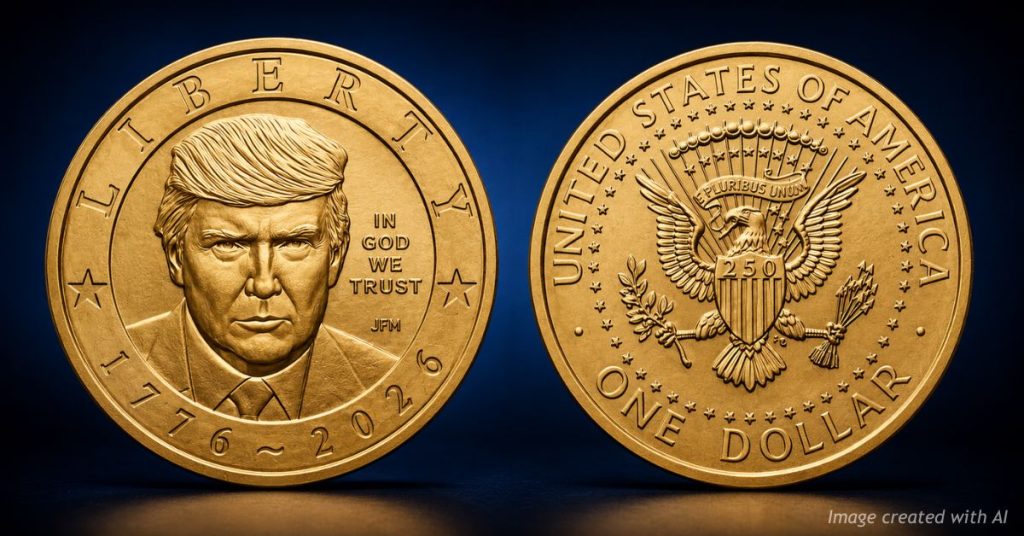 Commemorative 2026 U.S. $1 coin featuring President Donald Trump alongside the reverse with the Great Seal.