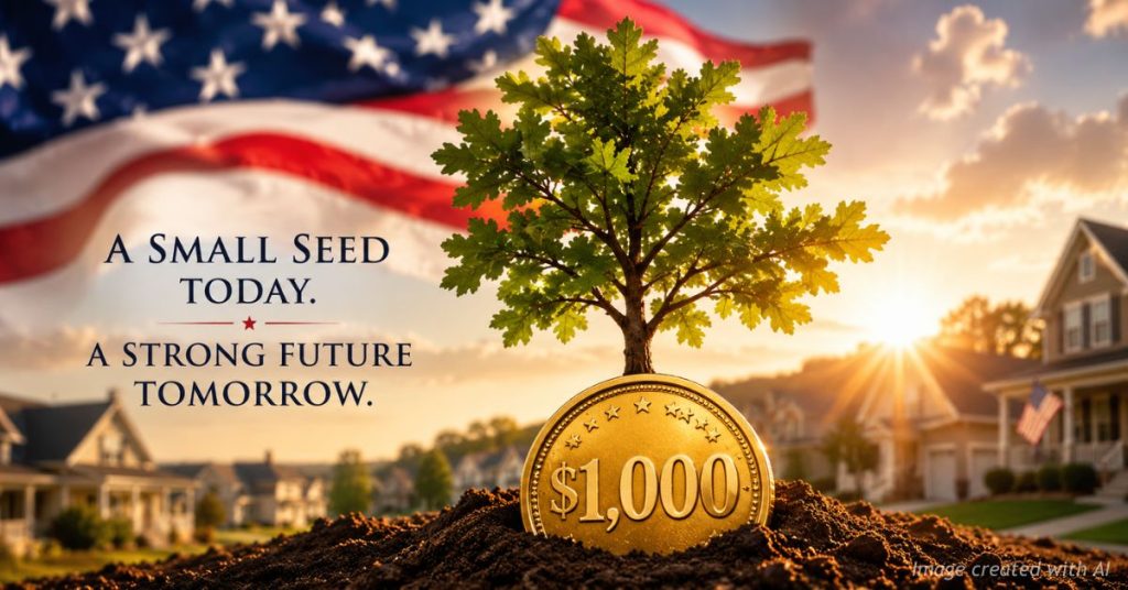 Tree growing from a $1,000 coin symbolizing long-term investment growth for children.