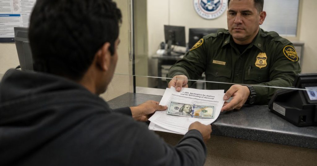 Immigrant submits asylum application with a $100 bill to a U.S. Border Patrol agent under new federal asylum filing fees.