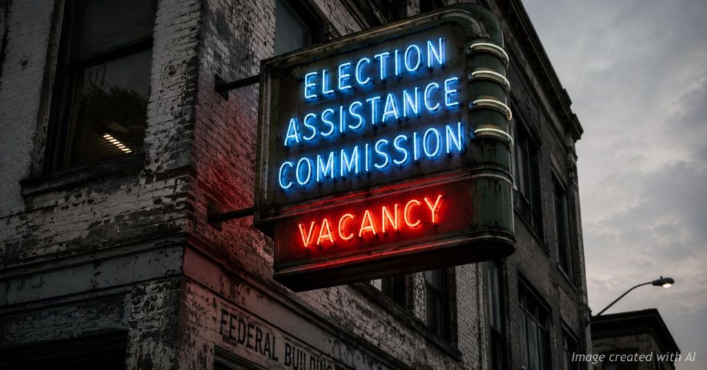 Vintage neon "Election Assistance Commission" sign with a glowing "Vacancy" light on a weathered office building.