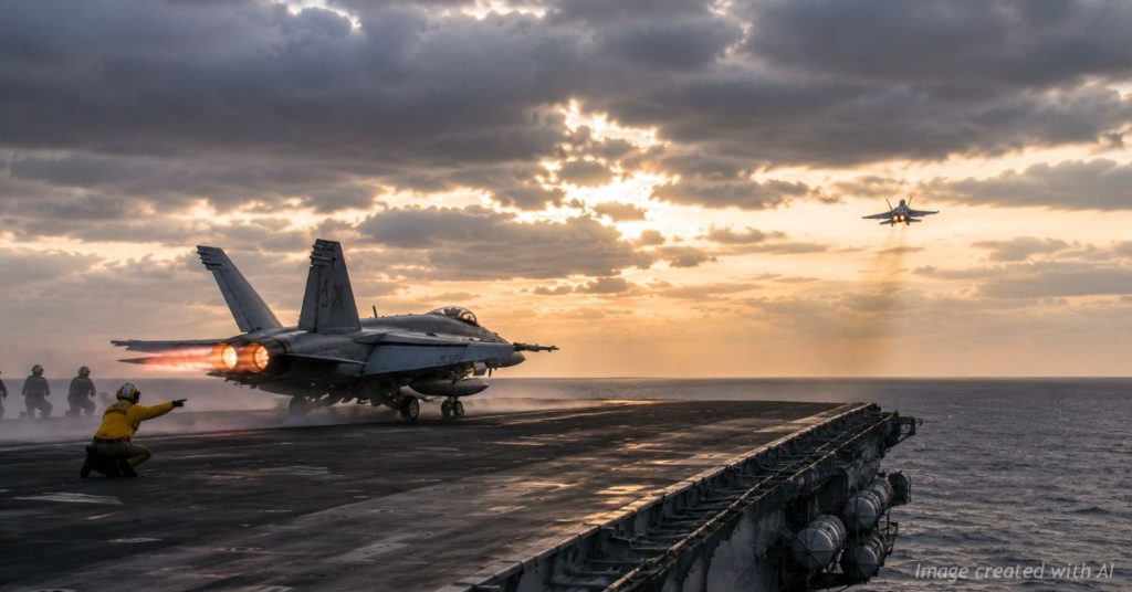 Two U.S. Navy F/A-18 Super Hornets launch from an aircraft carrier as military operations intensify in the Middle East.