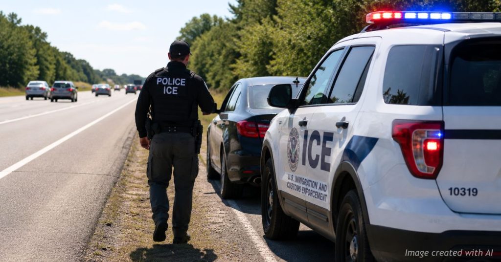 ICE officer approaches a stopped vehicle during a roadside traffic stop as an ICE SUV waits with emergency lights activated.