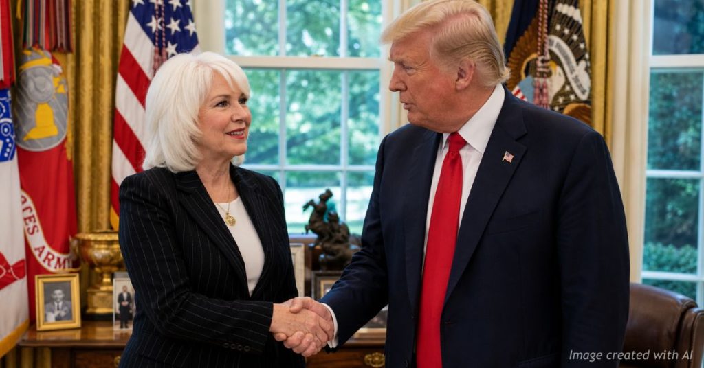 President Donald Trump greets Tina Peters during a meeting inside the White House.