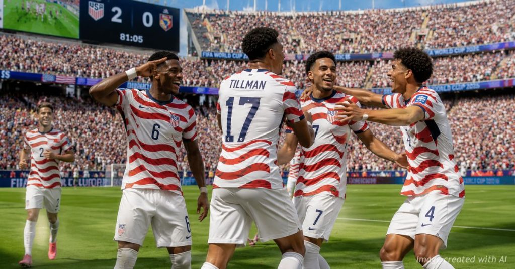 U.S. players celebrate after defeating Bosnia and Herzegovina to reach the World Cup Round of 16.