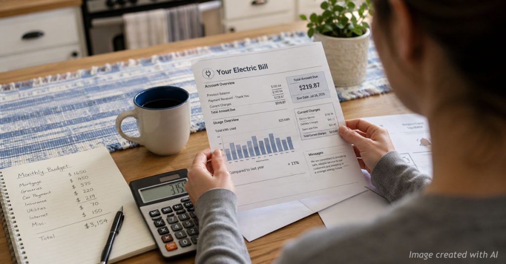 Homeowner reviews an electric bill and monthly budget at a kitchen table.