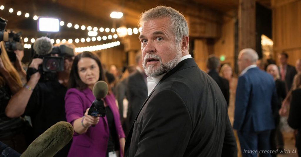 Victor Marx turns with a startled expression as reporters surround him following Colorado campaign finance findings.