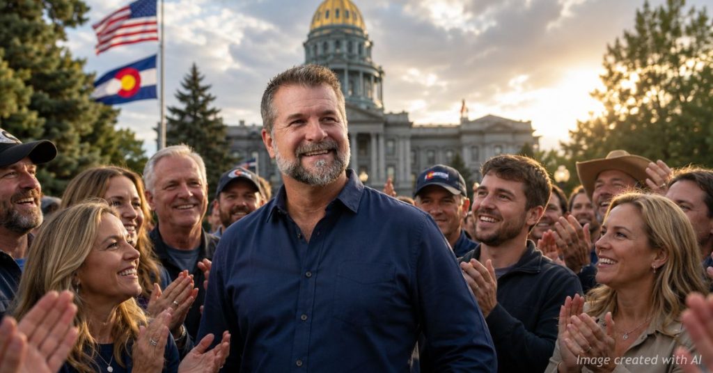 Victor Marx stands with supporters in front of the Colorado State Capitol following his narrow lead in the GOP governor primary.