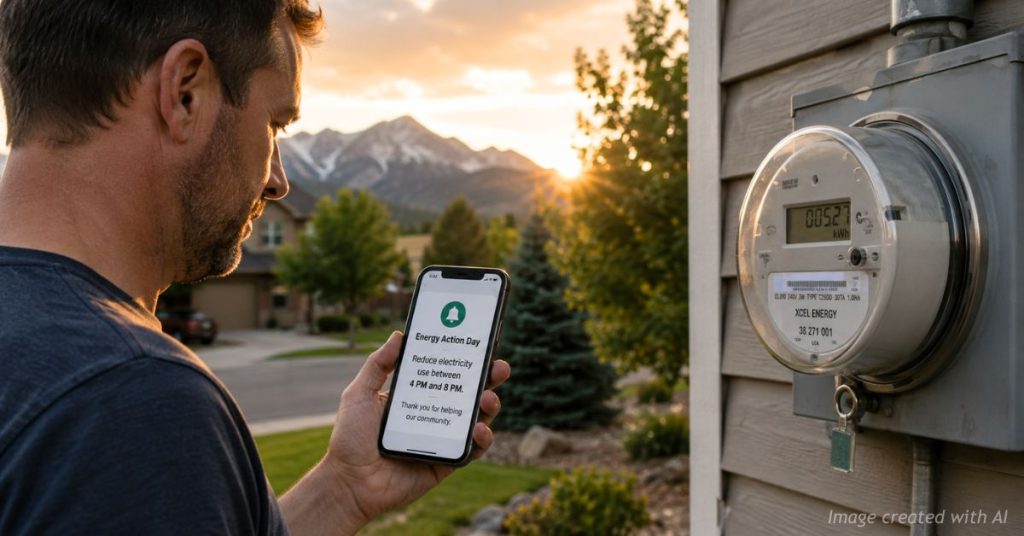 Colorado homeowner views an Energy Action Day notification beside a residential electric meter.
