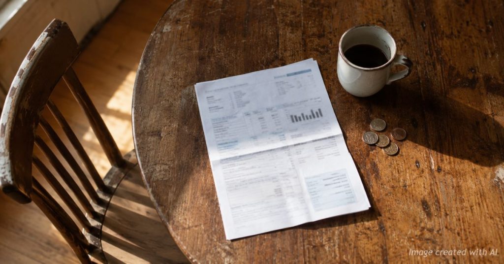 Electric bill and coins on a kitchen table, illustrating Colorado households weighing an Xcel rate increase.