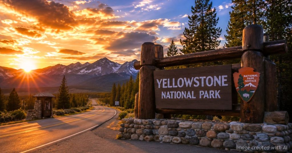 Golden sunset illuminates the entrance to Yellowstone National Park with mountain scenery and a welcoming park gateway.