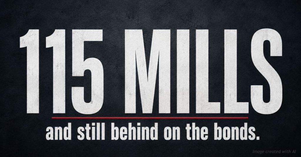 Graphic reading "115 mills and still behind on the bonds," on a Colorado metro district property tax story.