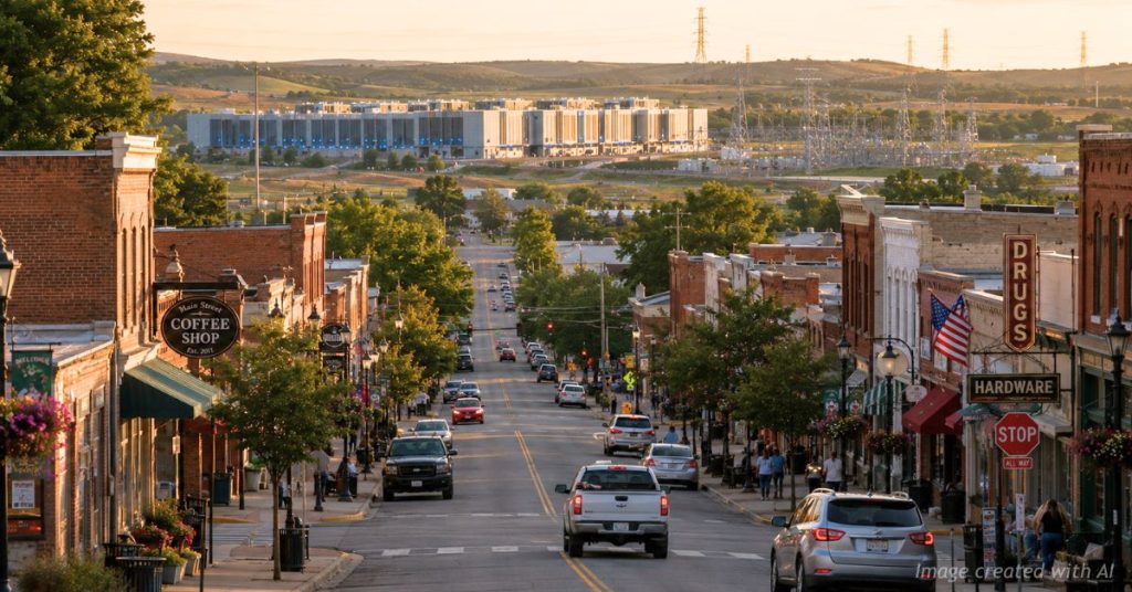 Vibrant small town Main Street with an AI data center and power transmission lines in the distance.