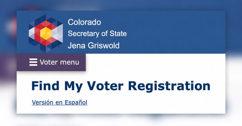 Header of the Colorado Secretary of State's "Find My Voter Registration" web tool, showing the state seal, the office name with Secretary of State Jena Griswold